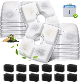 12-Pack Cat Water Fountain Filter Replacement & 12-Pack Pre-Filter Sponges for Square 84oz/2.5L Automatic Cat Fountain Dog Water Dispenser, Triple Filtration System Activated Carbon for Pet Fountain