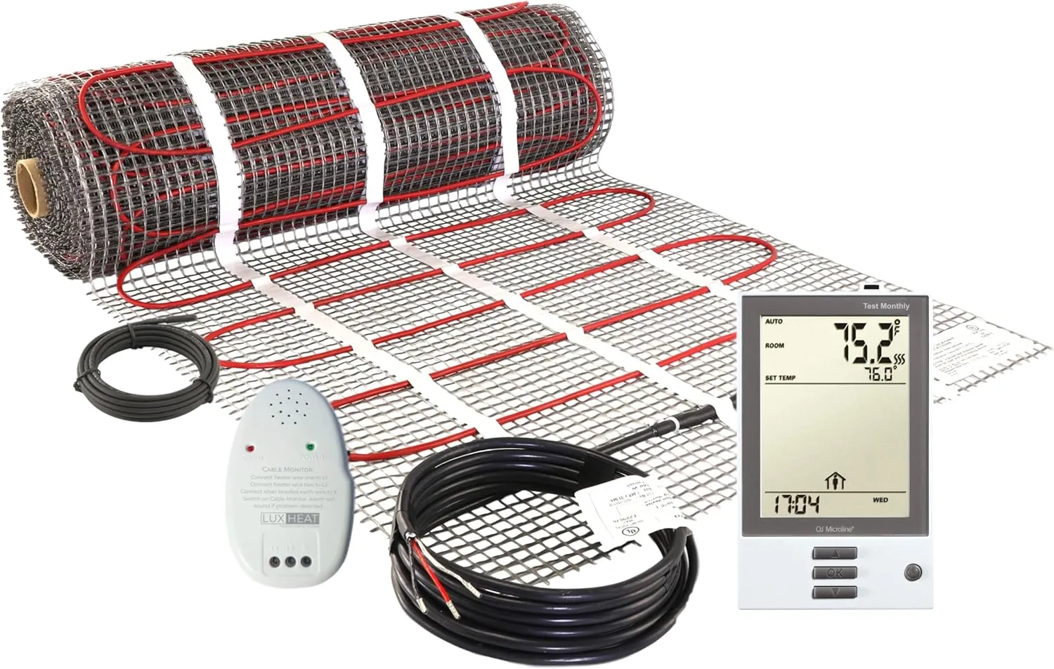 15 Sqft Mat Kit, 120v Electric Radiant Floor Heating System for Under tile, Stone and Laminate. Kit Includes Alarm, Heated Floor Mat, UDG OJ Microline Programmable Thermostat w/GFCI & Sensor