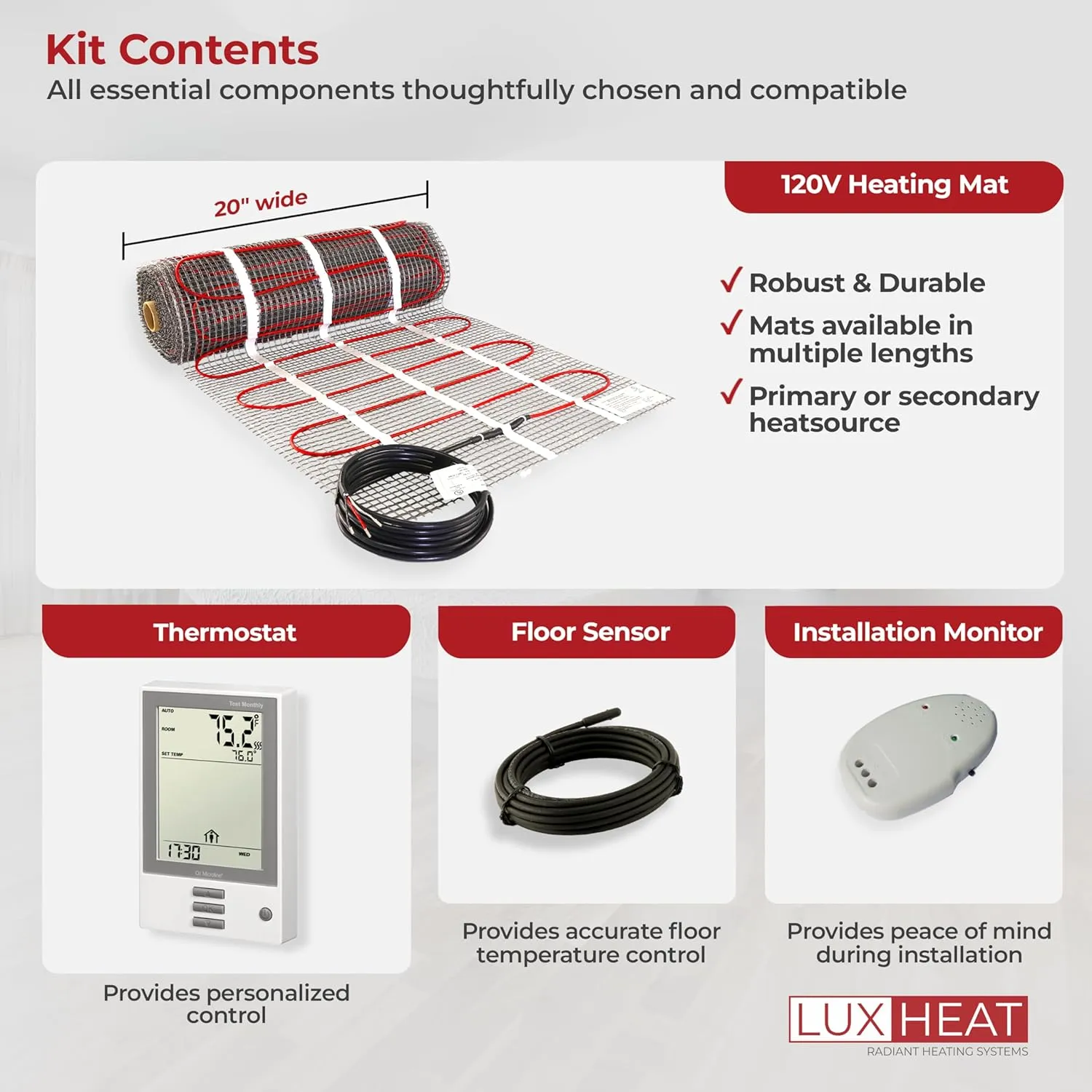 15 Sqft Mat Kit, 120v Electric Radiant Floor Heating System for Under tile, Stone and Laminate. Kit Includes Alarm, Heated Floor Mat, UDG OJ Microline Programmable Thermostat w/GFCI & Sensor