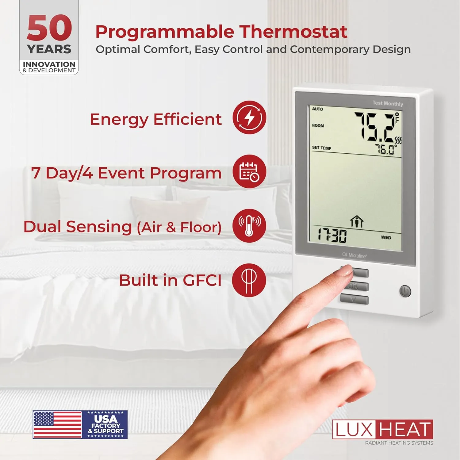 15 Sqft Mat Kit, 120v Electric Radiant Floor Heating System for Under tile, Stone and Laminate. Kit Includes Alarm, Heated Floor Mat, UDG OJ Microline Programmable Thermostat w/GFCI & Sensor