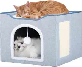 16.5'' x 16.5'' x 13'' Cat Cube House with Reversible Cushions and Fluffy Ball Hanging, Foldable Cat Condo, Large Cave Bed for Indoor Cats, Rabbits and Puppies