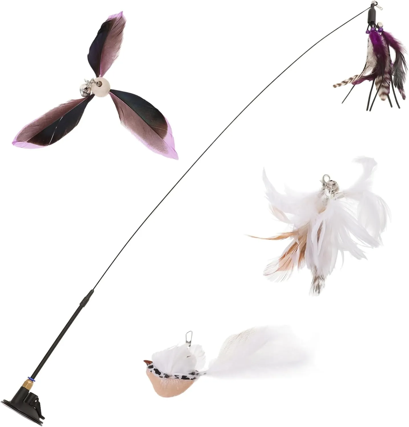 1Set Interactive Cat Teaser Wand with Bell and Feather Replacement Parts Strong Suction Cup Fun Kitten Teasing for Indoor Cats Engaging Pet Playtime