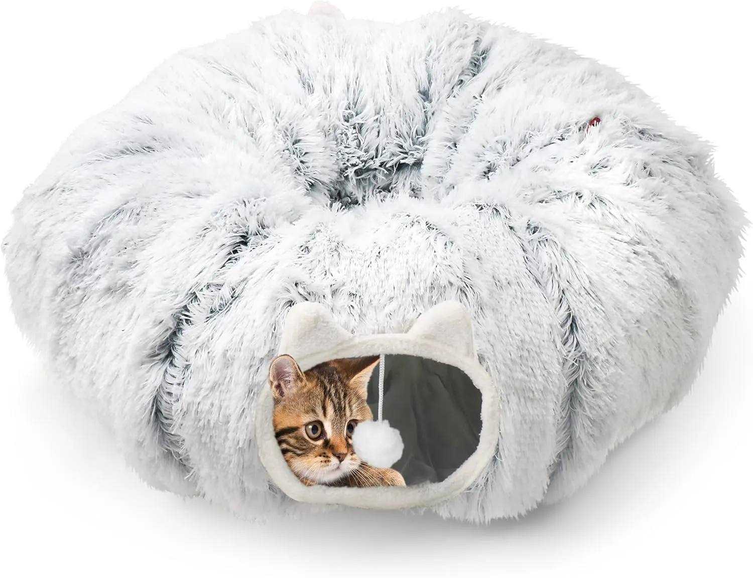 2-in-1 Cat Tunnel Bed for Indoor Cats, Warm Plush Cat Play Donut Tunnel with Washable Circle Cushion, Round Pet Peekaboo Cave Toy with 2 Entryways for Cat,Kitten,Puppy,Rabbit,Ferret