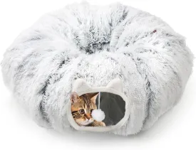 2-in-1 Cat Tunnel Bed for Indoor Cats, Warm Plush Cat Play Donut Tunnel with Washable Circle Cushion, Round Pet Peekaboo Cave Toy with 2 Entryways for Cat,Kitten,Puppy,Rabbit,Ferret