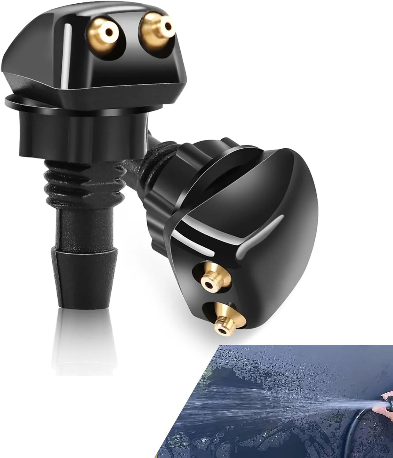 2 PCS Front Windshield Washer Nozzle, Dual Hole Straight Post Powerful Jet Wiper Nozzle, 0.31" Connector with Plastic Nut, Universal for Most Cars Cleaning Nozzle Accessories (Black)