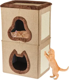 2-Tier Cat House for Indoor Cats Bed, Covered Cat Beds with Hideaway Cave and Scratch Pad, Foldable Modern Cat House for Multi Small Pet Large Kitten Kitty