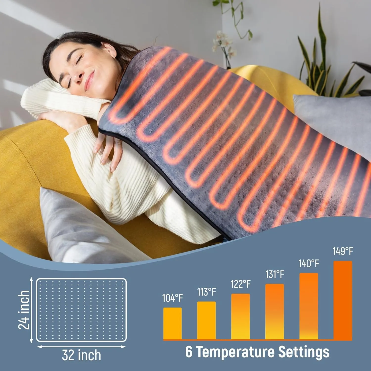 24"32" Electric Heating Pad for Back, Neck & Shoulder Pain Relief - 6 Heat Levels, 4 Timer Modes, Moist/Dry Heat, Auto Shut Off, Machine Washable, Ultra-Plush Flannel
