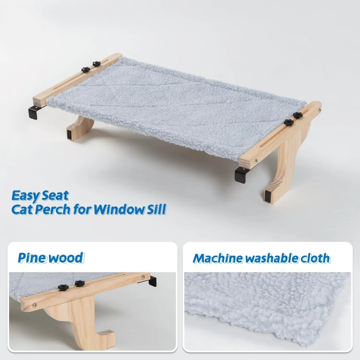 2PC Easy Seat Cat Perch for Window Sill - Hammock Design w/Pine Wood & Robust Metal Frame - Cat Window Seat for Large Cats and Kittens (Natural Color Wood w/Gray Bed, Medium (23''W x 14''D))