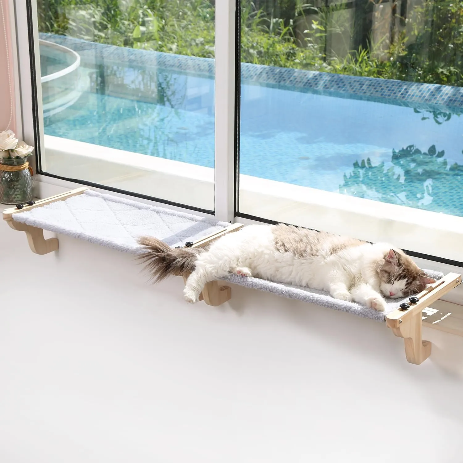 2PC Easy Seat Cat Perch for Window Sill - Hammock Design w/Pine Wood & Robust Metal Frame - Cat Window Seat for Large Cats and Kittens (Natural Color Wood w/Gray Bed, Medium (23''W x 14''D))