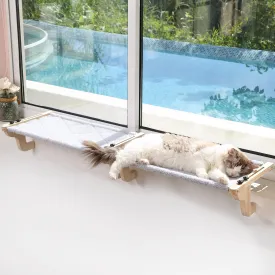 2PC Easy Seat Cat Perch for Window Sill - Hammock Design w/Pine Wood & Robust Metal Frame - Cat Window Seat for Large Cats and Kittens (Natural Color Wood w/Gray Bed, Medium (23''W x 14''D))