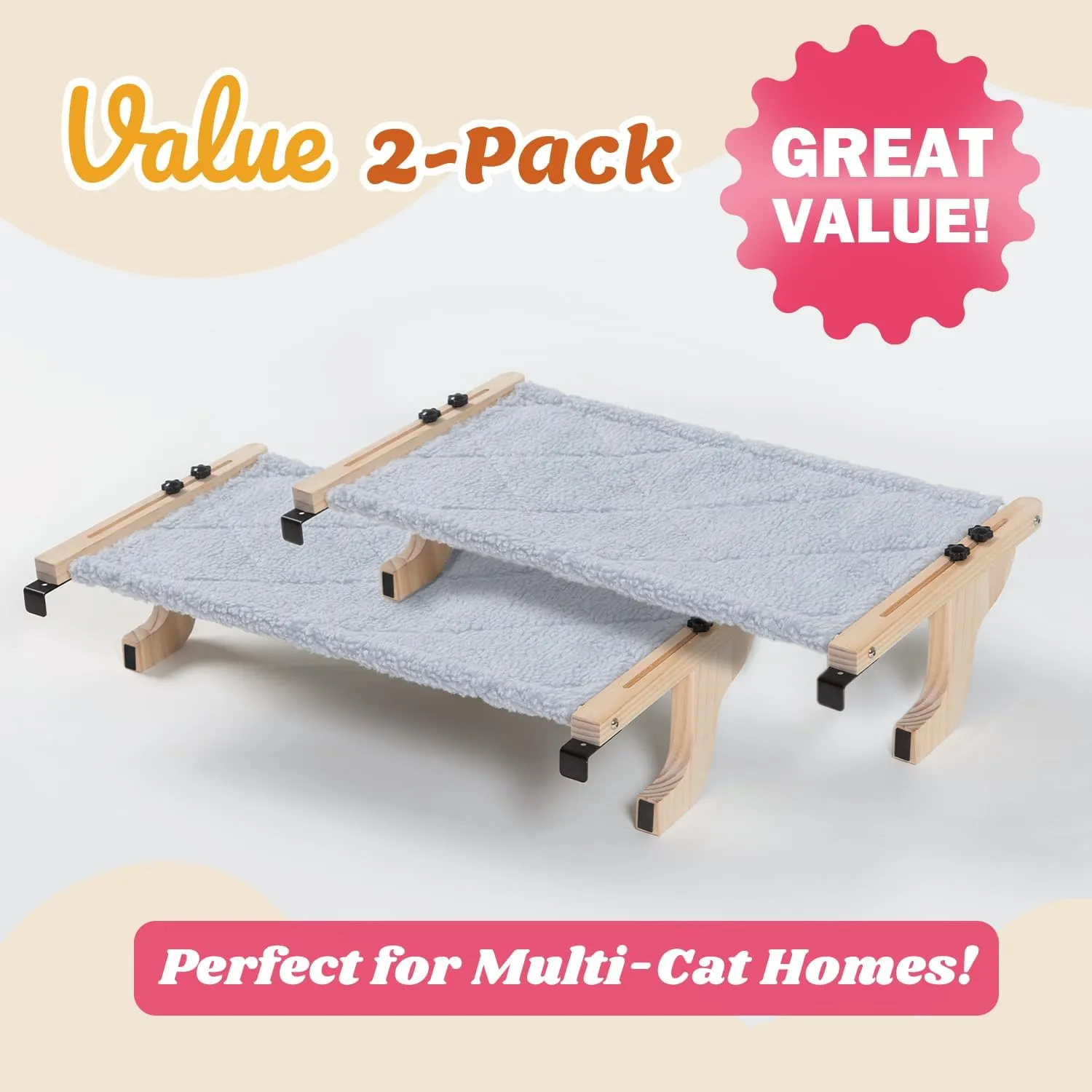 2PC Easy Seat Cat Perch for Window Sill - Hammock Design w/Pine Wood & Robust Metal Frame - Cat Window Seat for Large Cats and Kittens (Natural Color Wood w/Gray Bed, Medium (23''W x 14''D))