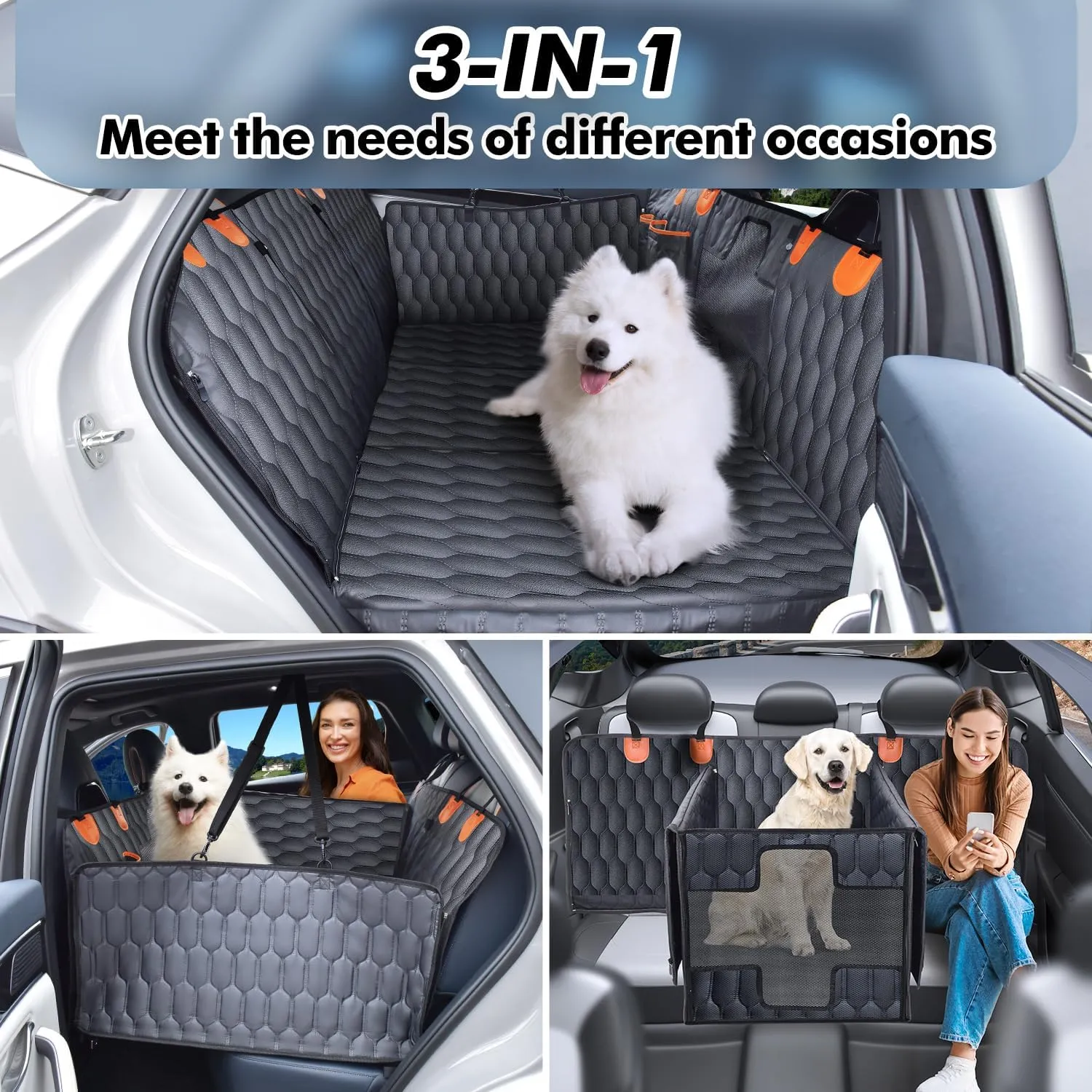 3-in-1 Convertible PU Leather Dog Car Seat Extender & Booster Seat  400lb Capacity, Waterproof, Hard Bottom, Scratch-Proof Hammock for Cars & SUVs-L