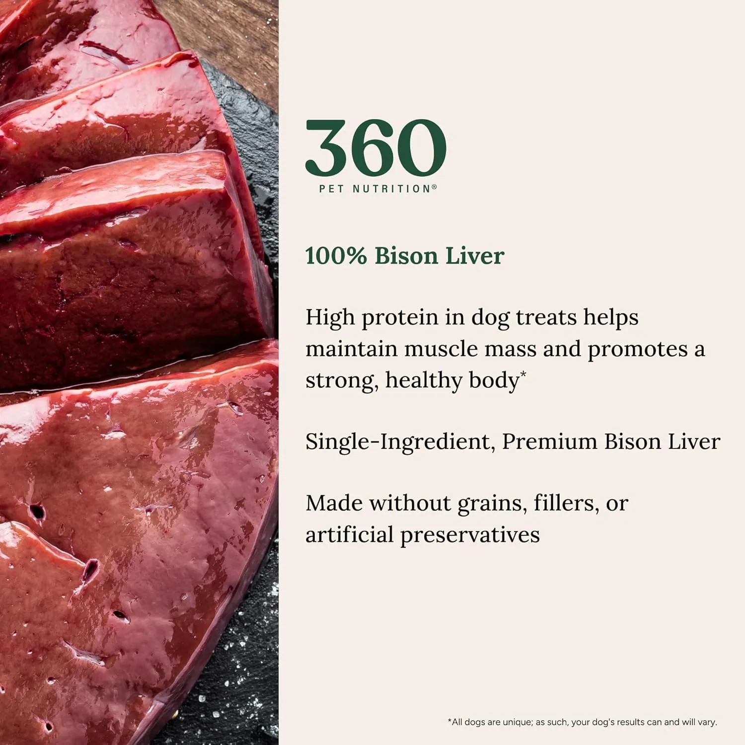 360 Pet Nutrition Freeze-Dried Raw Bison Liver Dog or Cat Treats/Bites, 1-Ingredient, High Protein, No Grain, Made in USA, All-Natural, 4 oz (Bison Liver), Healthy, Training Snacks, Premium Quality.