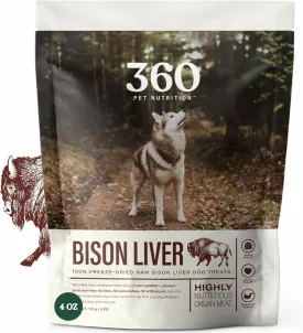 360 Pet Nutrition Freeze-Dried Raw Bison Liver Dog or Cat Treats/Bites, 1-Ingredient, High Protein, No Grain, Made in USA, All-Natural, 4 oz (Bison Liver), Healthy, Training Snacks, Premium Quality.