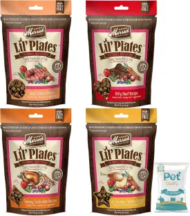 (4 Pack) Merrick Lil Plates Small Breed Natural Grain Free Dog Treats, 5 oz Pouch - Salom, Beef, Turducken, Chicken and 10ct Pet Wipes