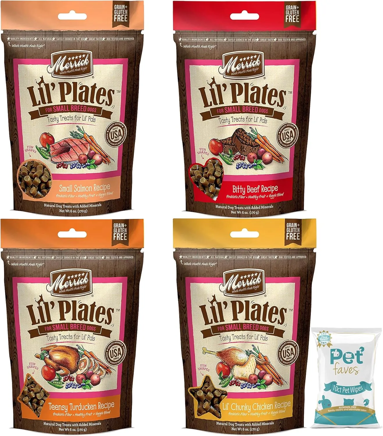 (4 Pack) Merrick Lil Plates Small Breed Natural Grain Free Dog Treats, 5 oz Pouch - Salom, Beef, Turducken, Chicken and 10ct Pet Wipes