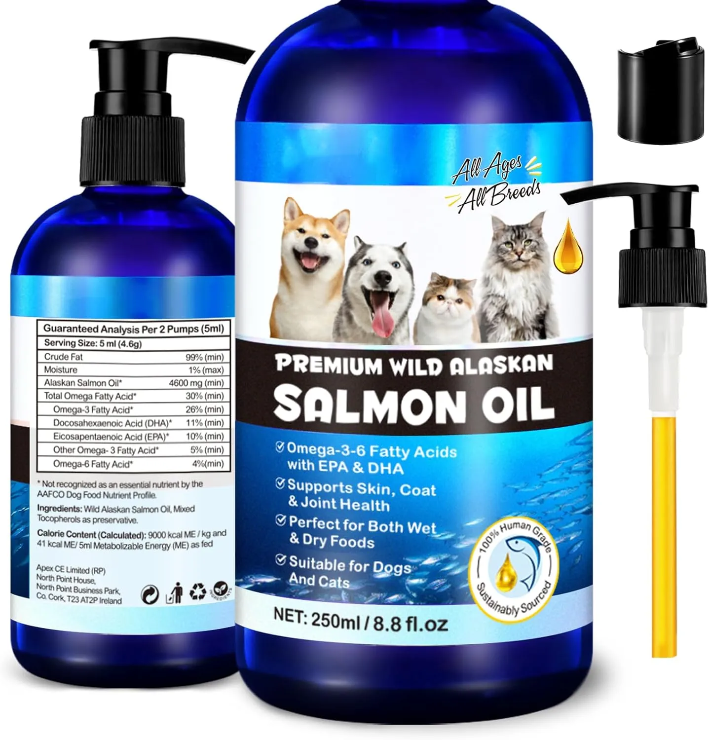 Alaskan Salmon Oil for Dogs, Omega 3 Fish Oil with Natural EPA DHA Fatty Acids for Skin, Joints, Coat Health, Dog Skin and Coat Fish Oil Liquid Supplement, All Ages All Breeds 8.8fl.oz.