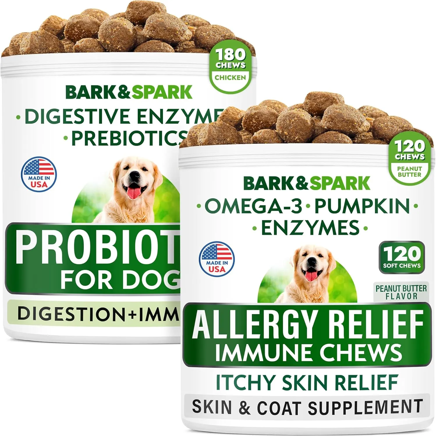 Allergy Relief Dog Treats   Probiotics Bundle - Itchy Skin Relief   Upset Stomach Relief - Omega 3   Pumpkin   Enzymes   Prebiotics - Seasonal Allergies   Improve Digestion - 300 Chews - Made in USA