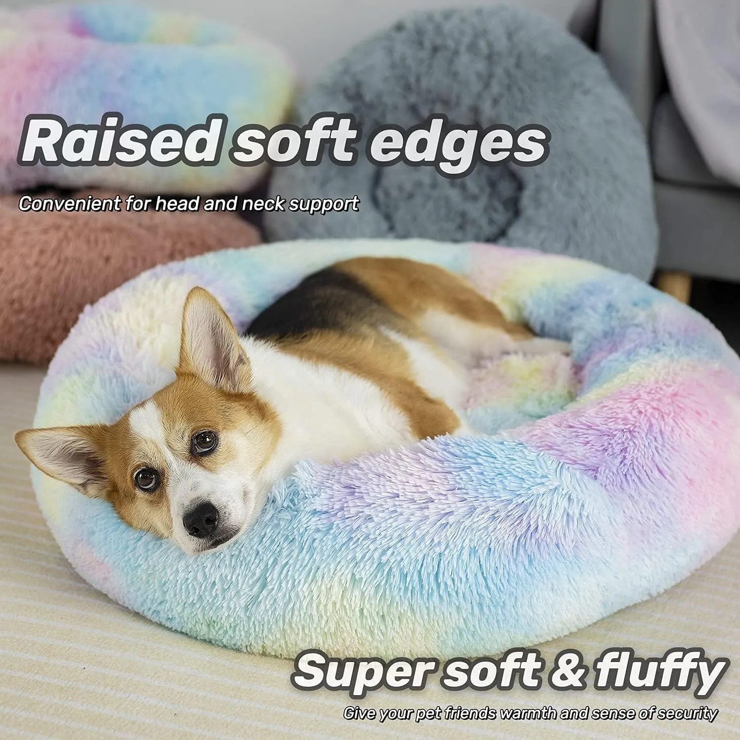 Anti Anxiety Round Fluffy Plush Faux Fur Warm Washable Dog Bed & Cat Bed, Original Bed for Small Medium Large Pets,Used to Relieve Joints and Improve Sleep20"/24"/27'' (24", Rainbow)