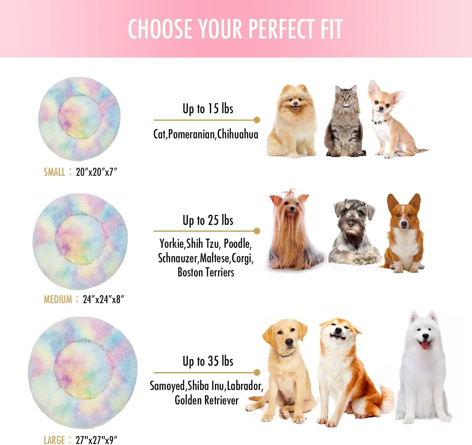 Anti Anxiety Round Fluffy Plush Faux Fur Warm Washable Dog Bed & Cat Bed, Original Bed for Small Medium Large Pets,Used to Relieve Joints and Improve Sleep20"/24"/27'' (24", Rainbow)