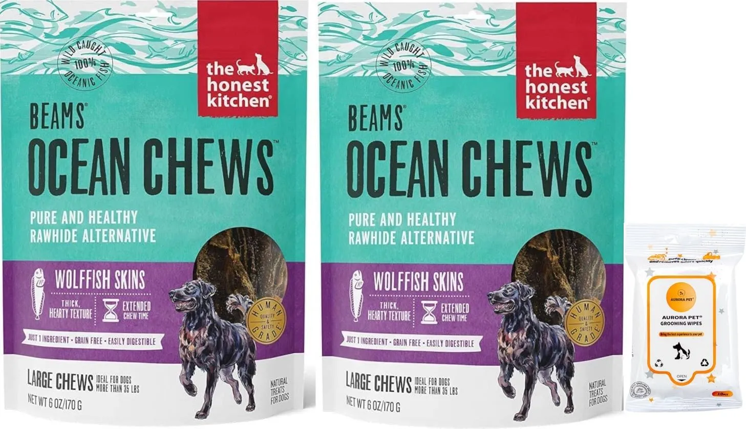 Aurora Pet Bundle Pack (2) Ocean Chews Wolfish Skins Dehydrated Dog Treats (6-oz Pouches) with AuroraPet Wipes