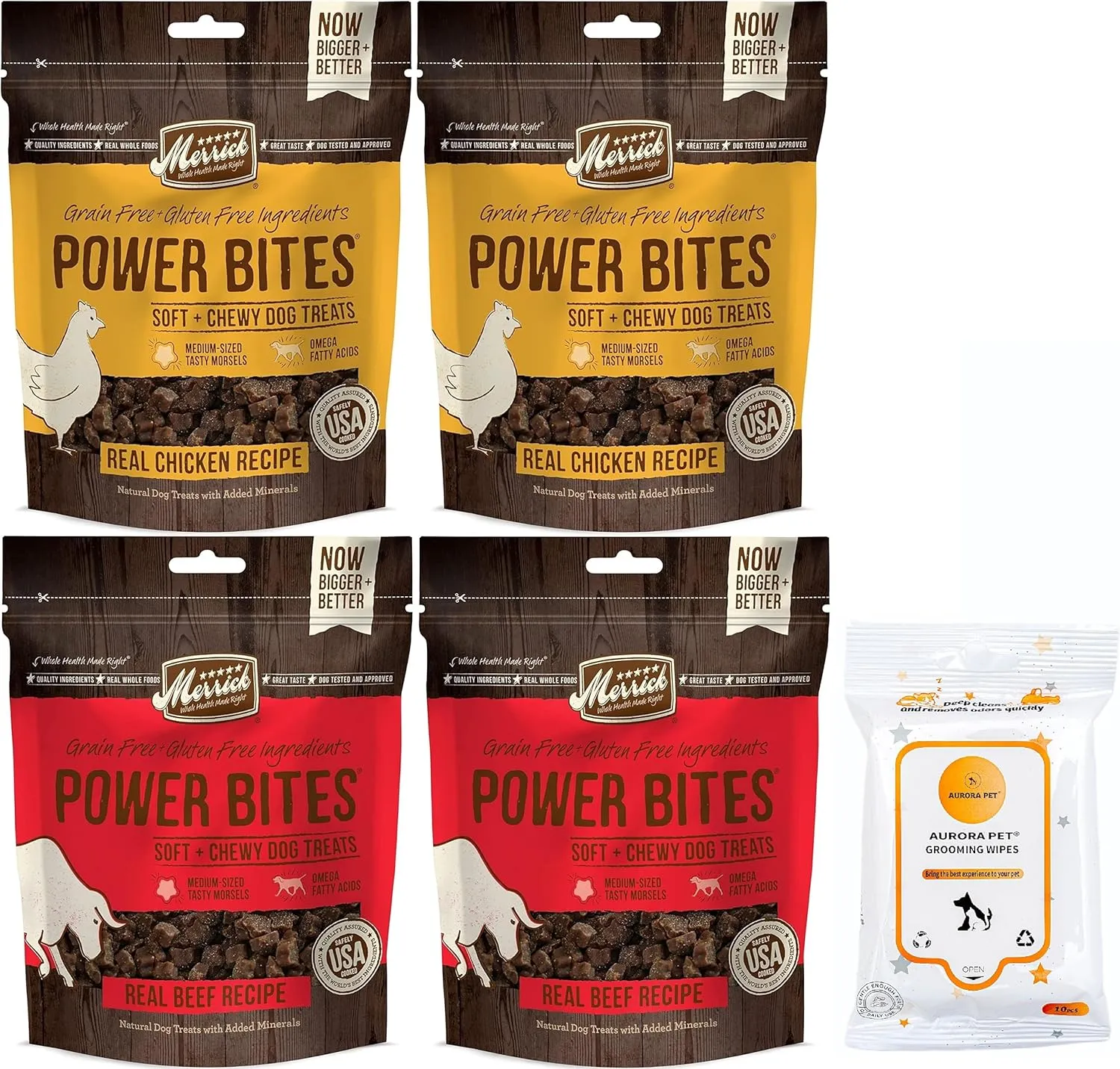 Aurora Pet Variety Pack (4) Power Bites Grain Free Dog Treats (2 Beef   2 Chicken) 6 oz Bags with AuroraPet Wipes