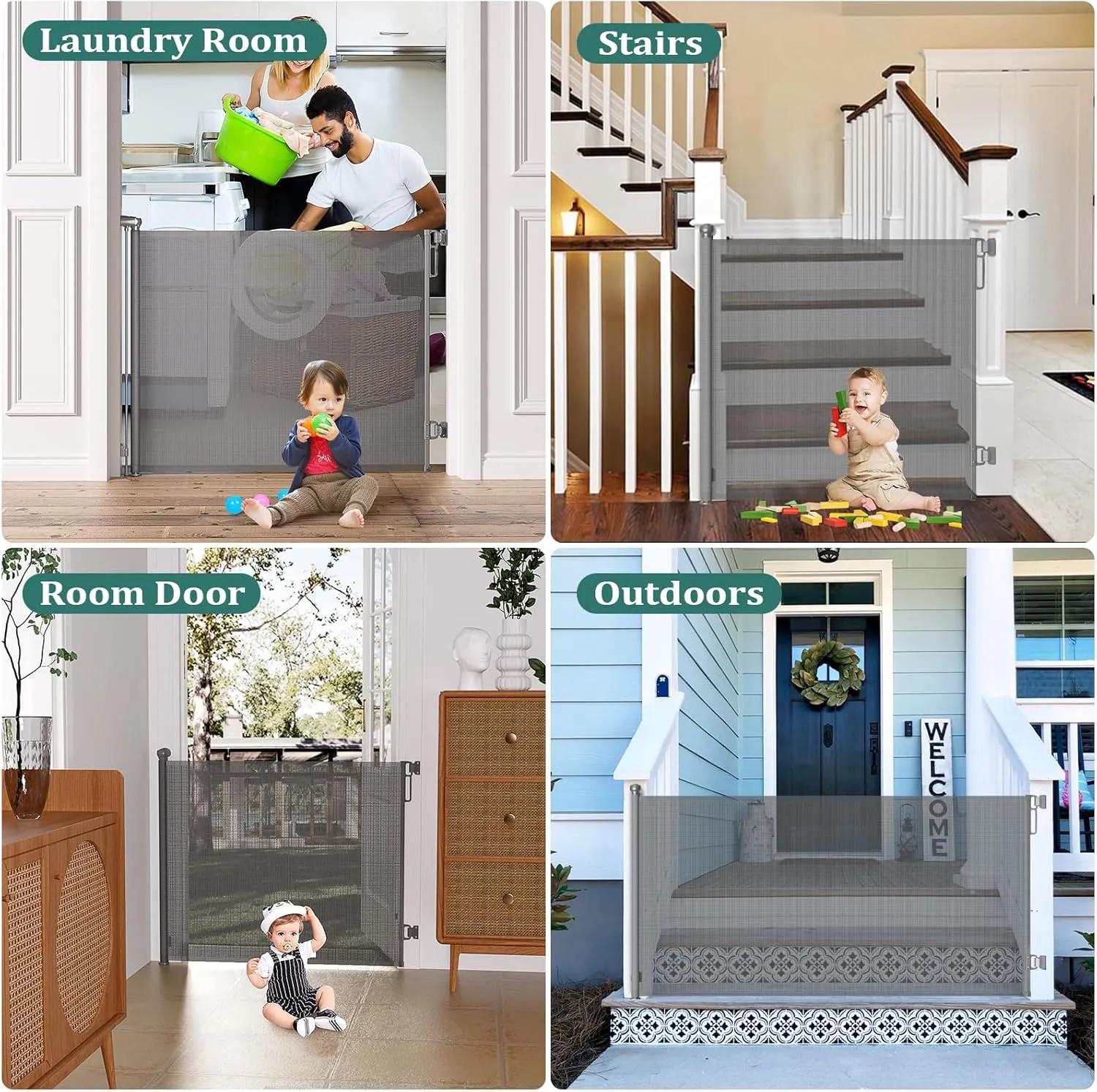 Babepai Retractable Baby Gates Extra Wide | 55" Wide x 38" Tall Dog Gates for Stairs | Indoor/Outdoor Use | Child Gates for Doorways, Deck, Porch, Hallways, Patio - Gray