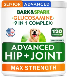 Bark&Spark Senior Advanced Glucosamine Chondroitin for Dogs - Hip Joint Pain Relief - Old Dog Joint Chews Large & Small Breed - Hip Joint Chews Joint Health Care Treats - 120Ct