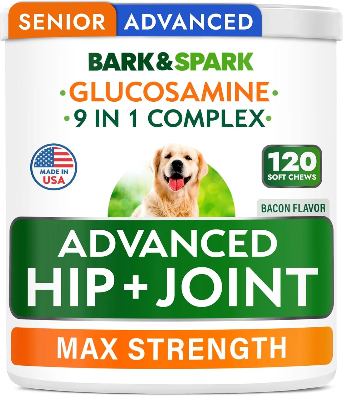 Bark&Spark Senior Advanced Glucosamine Chondroitin for Dogs - Hip Joint Pain Relief - Old Dog Joint Chews Large & Small Breed - Hip Joint Chews Joint Health Care Treats - 120Ct