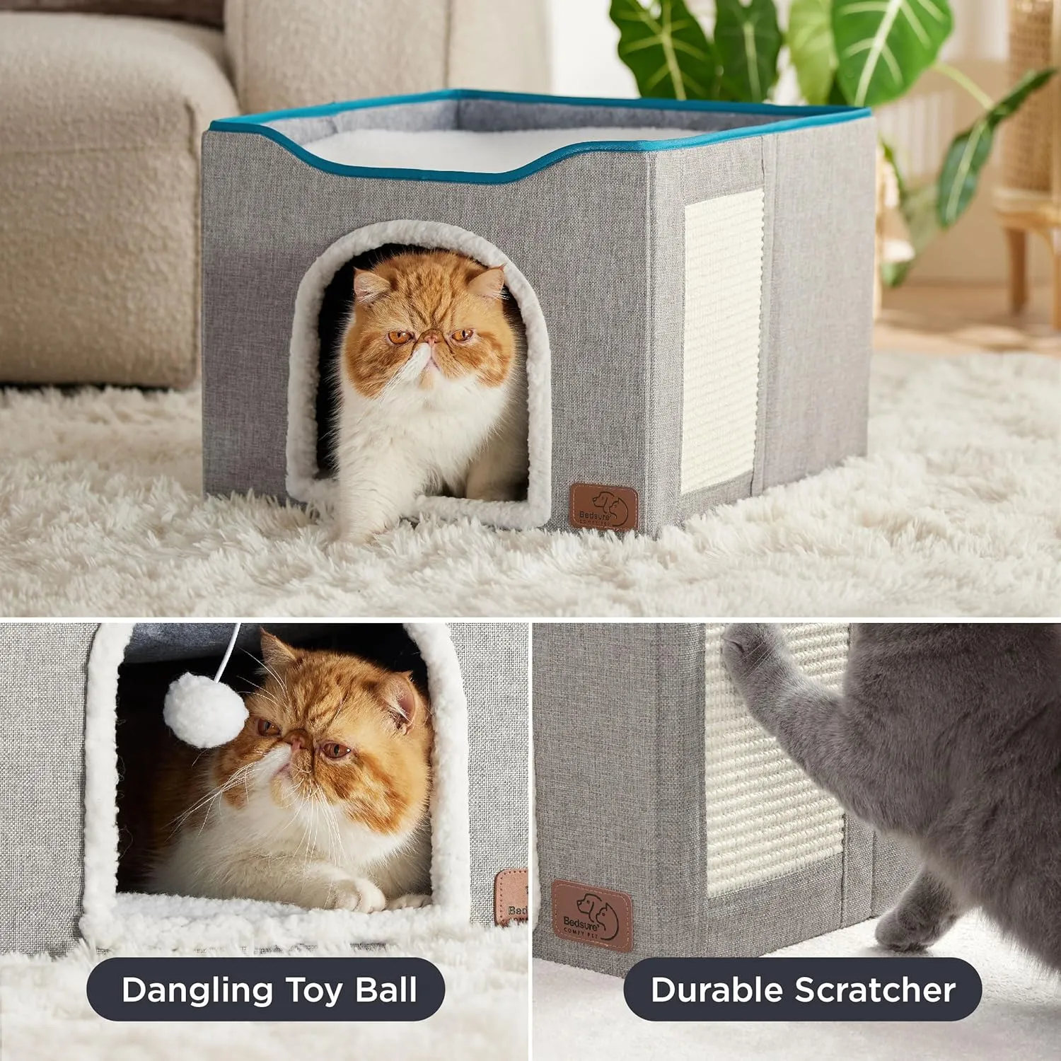 Bedsure Cat Beds for Indoor Cats - Large Cat Cave for Pet Cat House with Fluffy Ball Hanging and Scratch Pad, Foldable Cat Hideaway, 16.5x16.5x13 inches, Grey