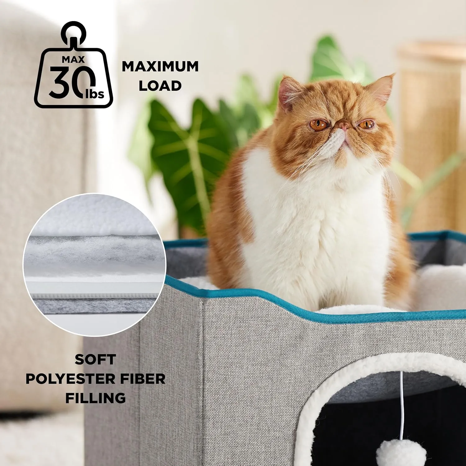 Bedsure Cat Beds for Indoor Cats - Large Cat Cave for Pet Cat House with Fluffy Ball Hanging and Scratch Pad, Foldable Cat Hideaway, 16.5x16.5x13 inches, Grey