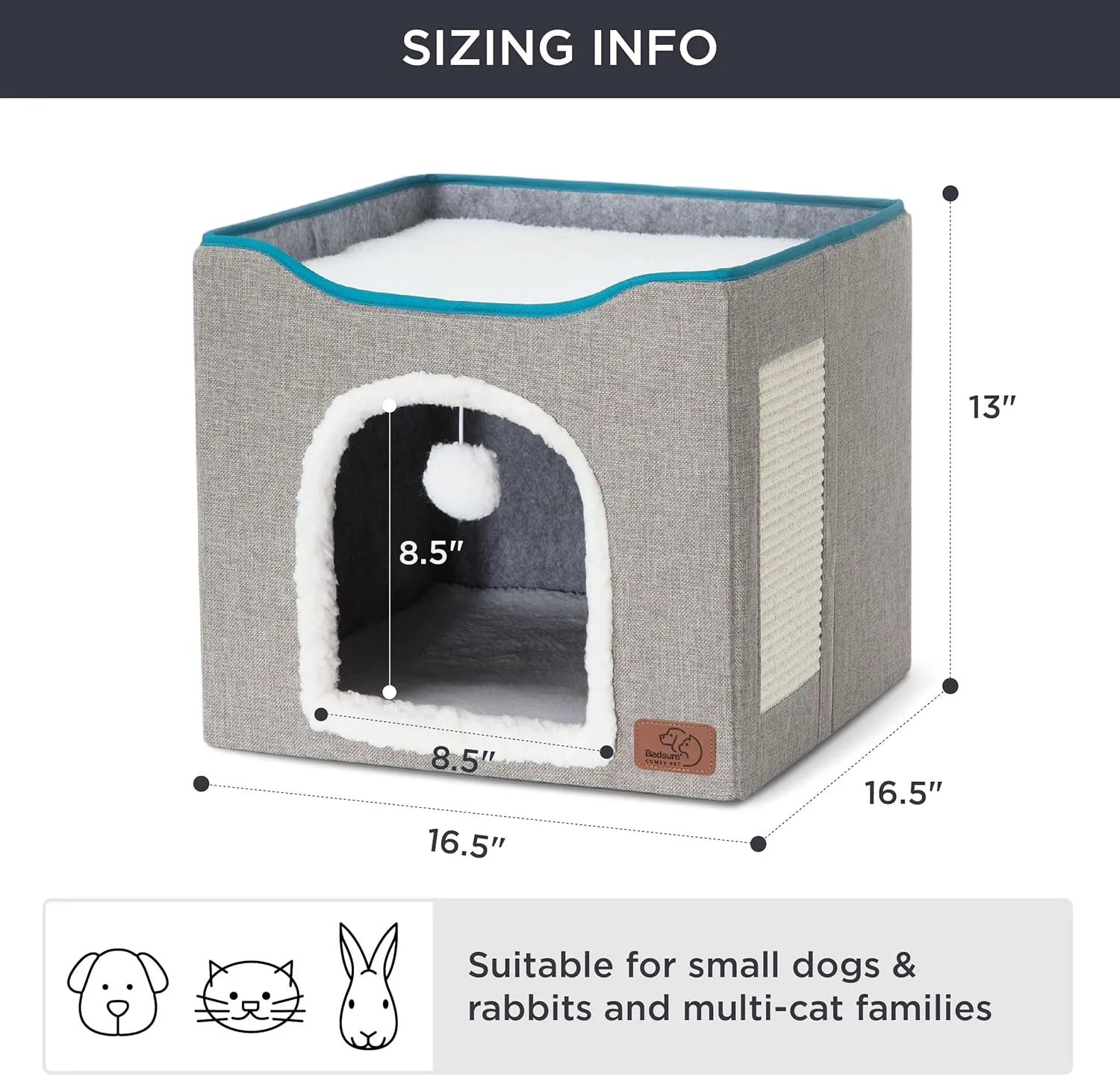 Bedsure Cat Beds for Indoor Cats - Large Cat Cave for Pet Cat House with Fluffy Ball Hanging and Scratch Pad, Foldable Cat Hideaway, 16.5x16.5x13 inches, Grey