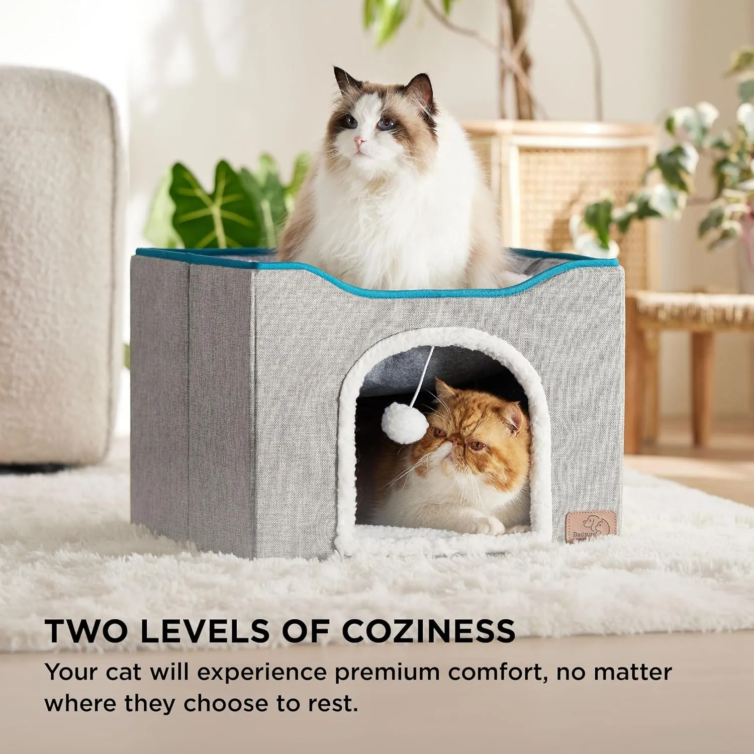 Bedsure Cat Beds for Indoor Cats - Large Cat Cave for Pet Cat House with Fluffy Ball Hanging and Scratch Pad, Foldable Cat Hideaway, 16.5x16.5x13 inches, Grey