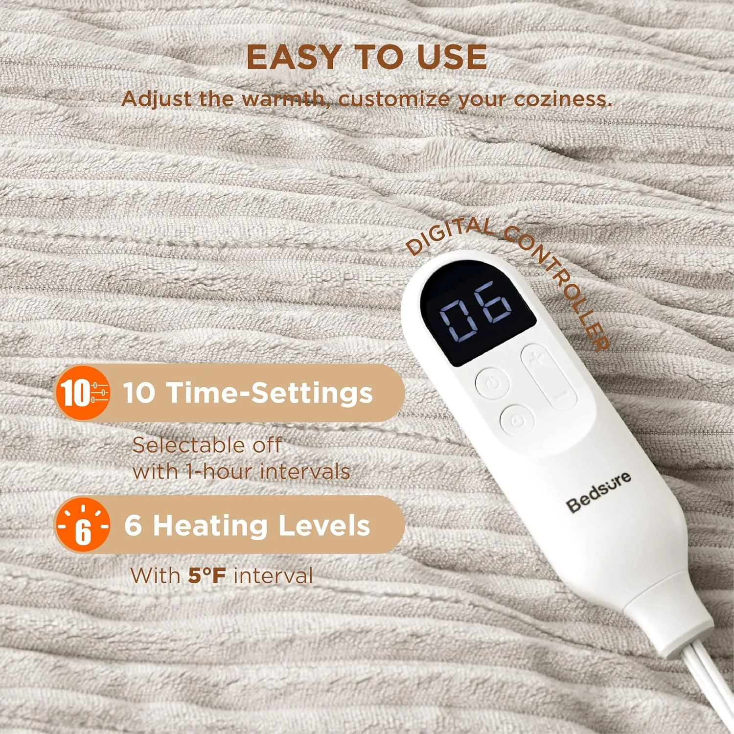 Bedsure Electric Blanket Twin - Soft Ribbed Flannel Heated Blanket, Heating with 10 Time Settings, 6 Heat Settings, and 8 hrs Timer Auto Shut Off, Warm Gift for Grandma (62x84 inches, Cream)