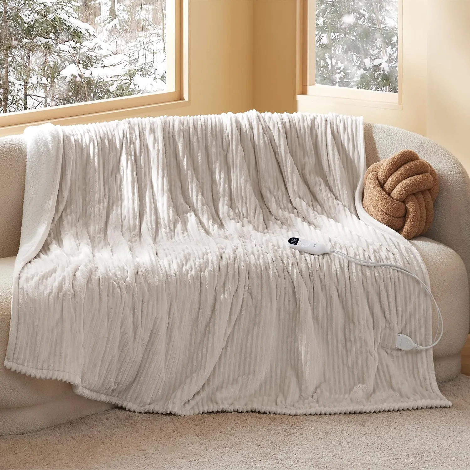 Bedsure Electric Blanket Twin - Soft Ribbed Flannel Heated Blanket, Heating with 10 Time Settings, 6 Heat Settings, and 8 hrs Timer Auto Shut Off, Warm Gift for Grandma (62x84 inches, Cream)