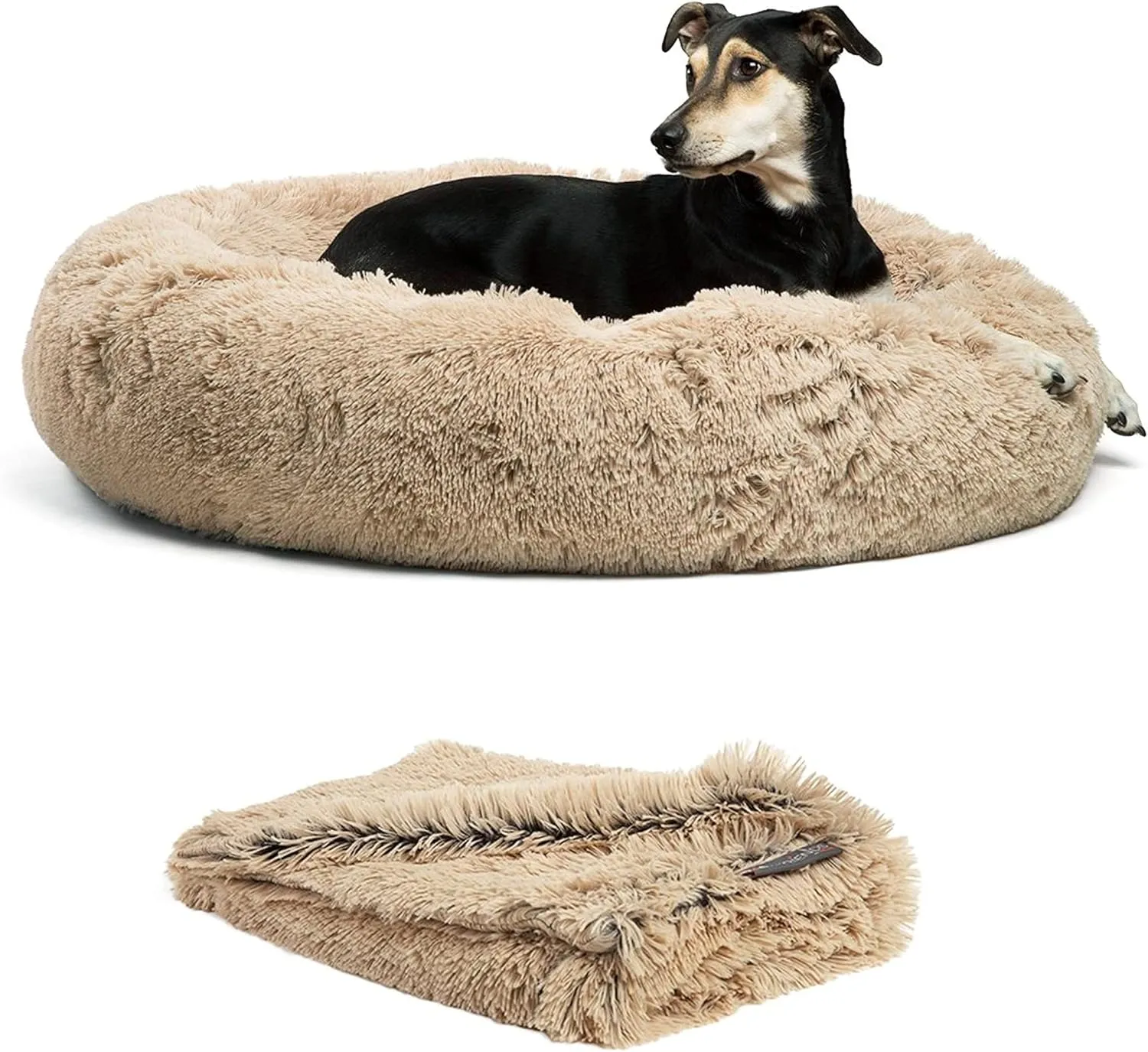Best Friends by Sheri Bundle Set The Original Calming Shag Donut Cuddler Cat and Dog Bed   Pet Throw Blanket, Taupe, Large, 36x36