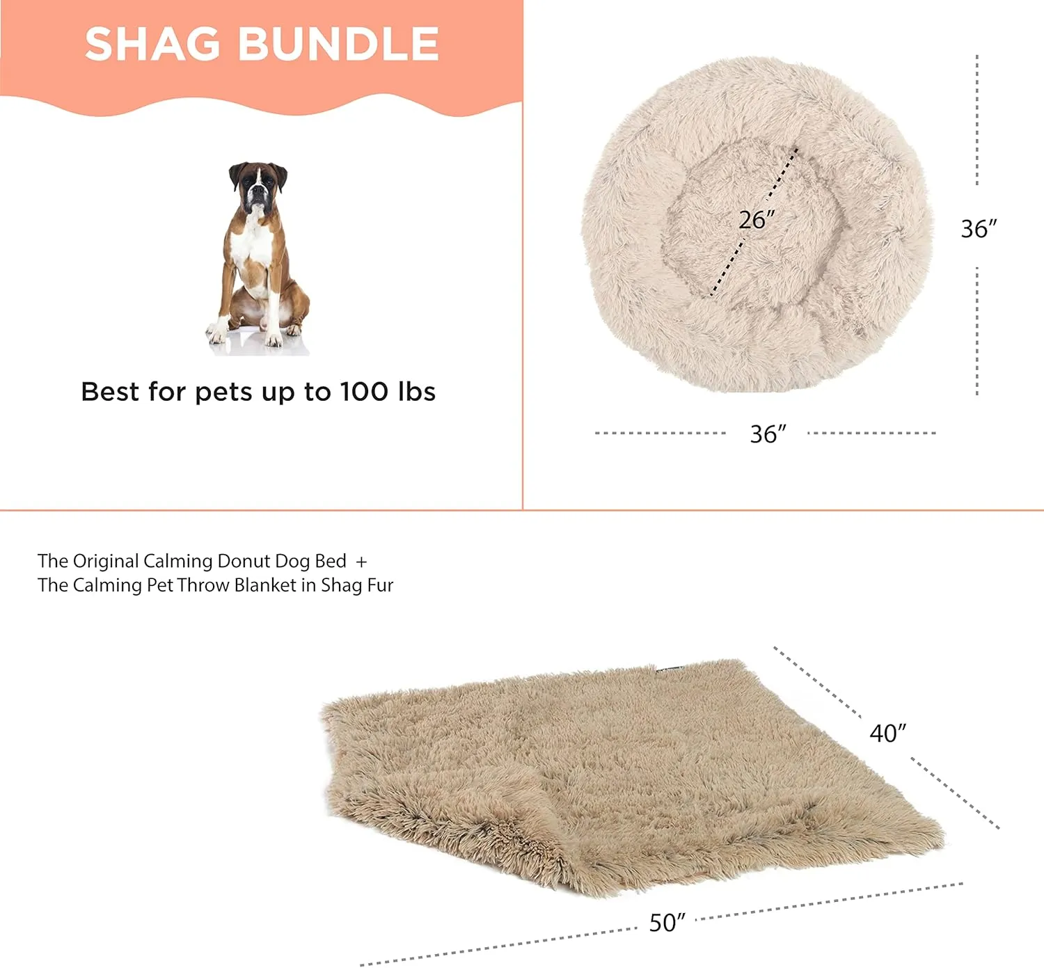 Best Friends by Sheri Bundle Set The Original Calming Shag Donut Cuddler Cat and Dog Bed   Pet Throw Blanket, Taupe, Large, 36x36