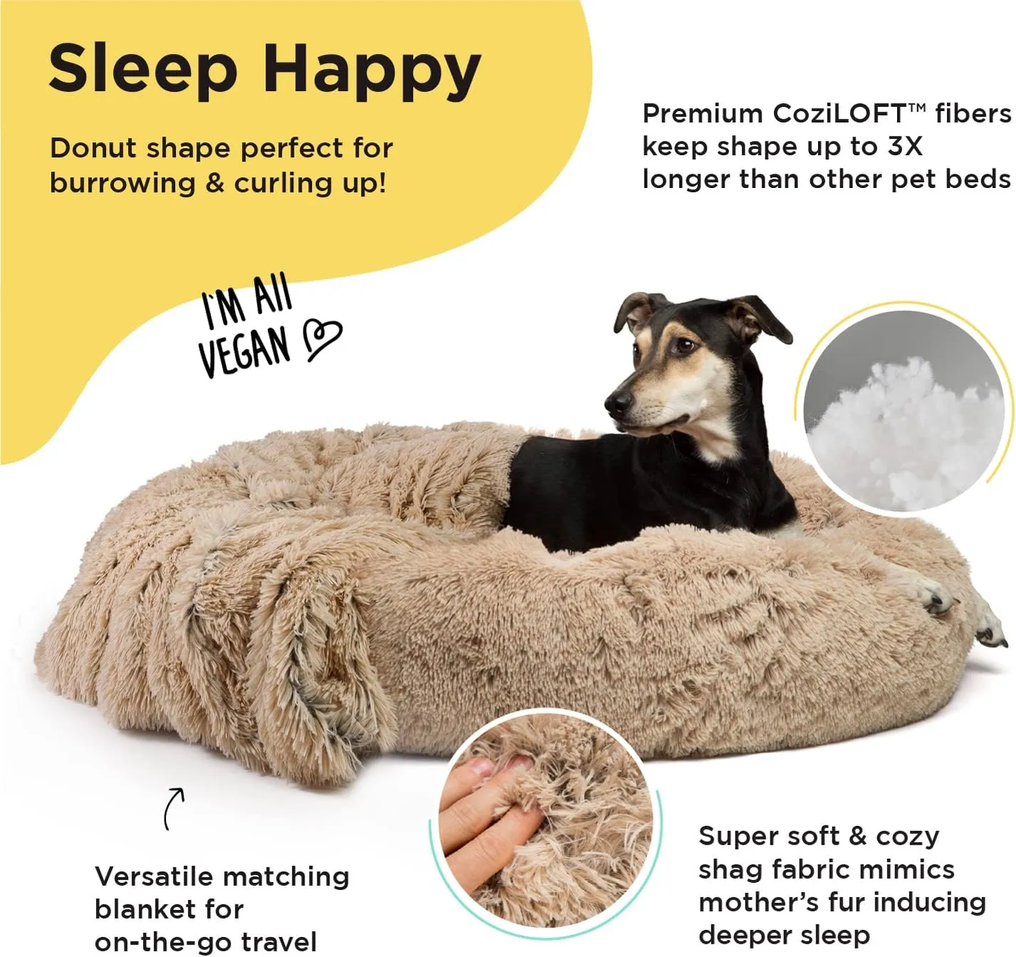 Best Friends by Sheri Bundle Set The Original Calming Shag Donut Cuddler Cat and Dog Bed   Pet Throw Blanket, Taupe, Large, 36x36