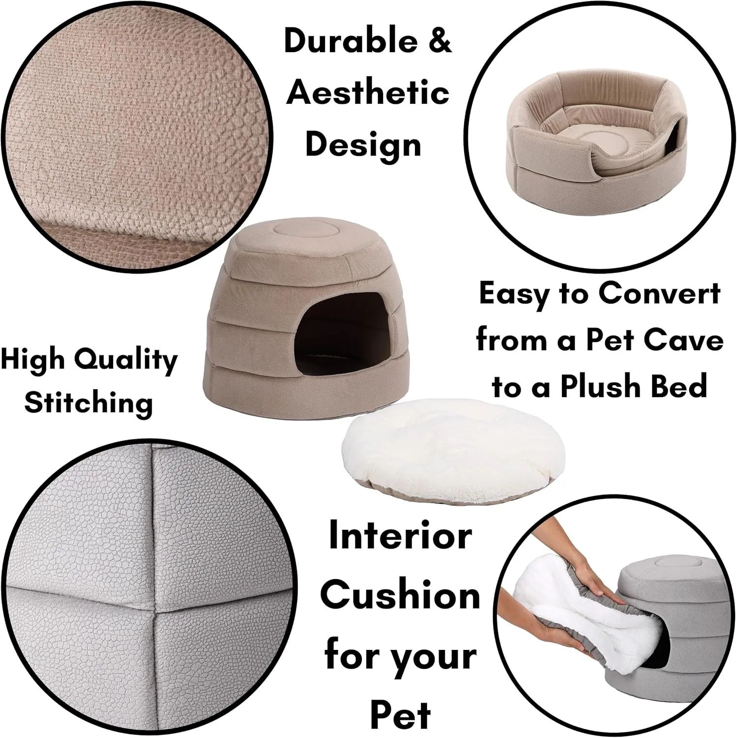 BIRDROCK HOME 2 in 1 Pet Bed for Cats or Small Dogs - Cozy Cat Cave or Plush Dog Bed - Indoor Teepee House for Pets (15 Inch Wide, Beige)