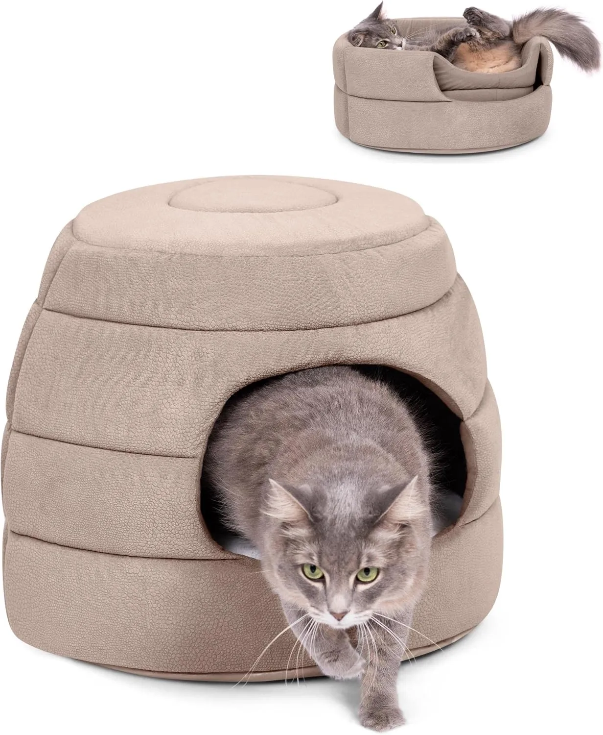 BIRDROCK HOME 2 in 1 Pet Bed for Cats or Small Dogs - Cozy Cat Cave or Plush Dog Bed - Indoor Teepee House for Pets (15 Inch Wide, Beige)