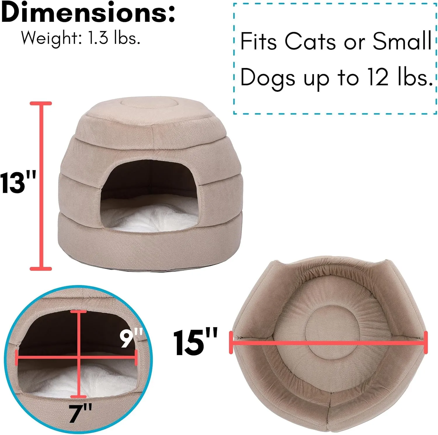BIRDROCK HOME 2 in 1 Pet Bed for Cats or Small Dogs - Cozy Cat Cave or Plush Dog Bed - Indoor Teepee House for Pets (15 Inch Wide, Beige)