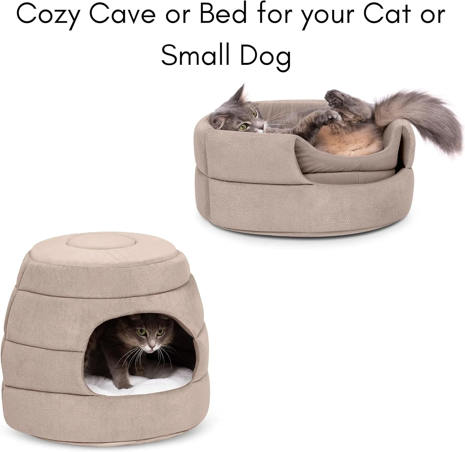 BIRDROCK HOME 2 in 1 Pet Bed for Cats or Small Dogs - Cozy Cat Cave or Plush Dog Bed - Indoor Teepee House for Pets (15 Inch Wide, Beige)