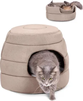 BIRDROCK HOME 2 in 1 Pet Bed for Cats or Small Dogs - Cozy Cat Cave or Plush Dog Bed - Indoor Teepee House for Pets (15 Inch Wide, Beige)