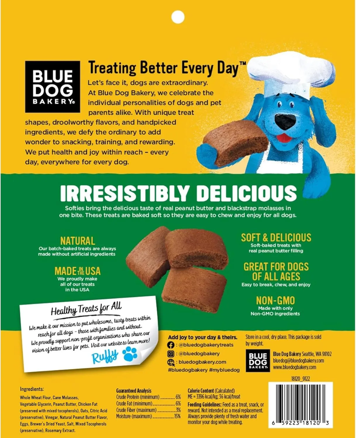 Blue Dog Bakery Natural Dog Treats, Softies, Peanut Butter Flavor, 16.2oz Bag, 1 Bag