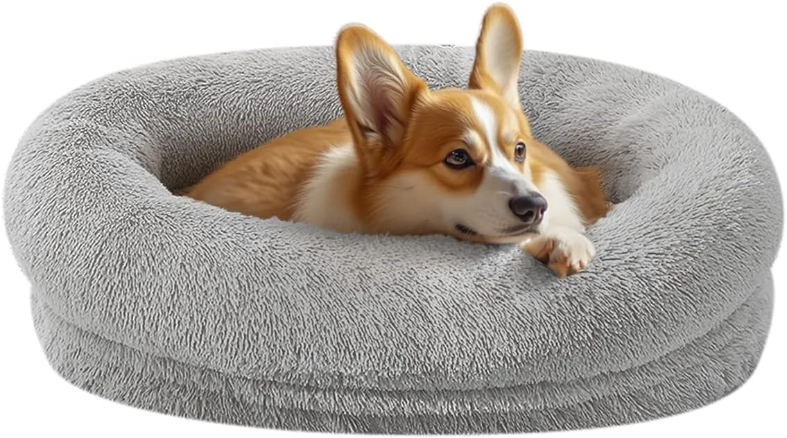 Calming Dog & Cat Bed - Washable Cover, Anti-Anxiety Donut Cuddler, Warming Cozy Soft Round Bed (Light Grey, 24inch)