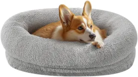 Calming Dog & Cat Bed - Washable Cover, Anti-Anxiety Donut Cuddler, Warming Cozy Soft Round Bed (Light Grey, 24inch)