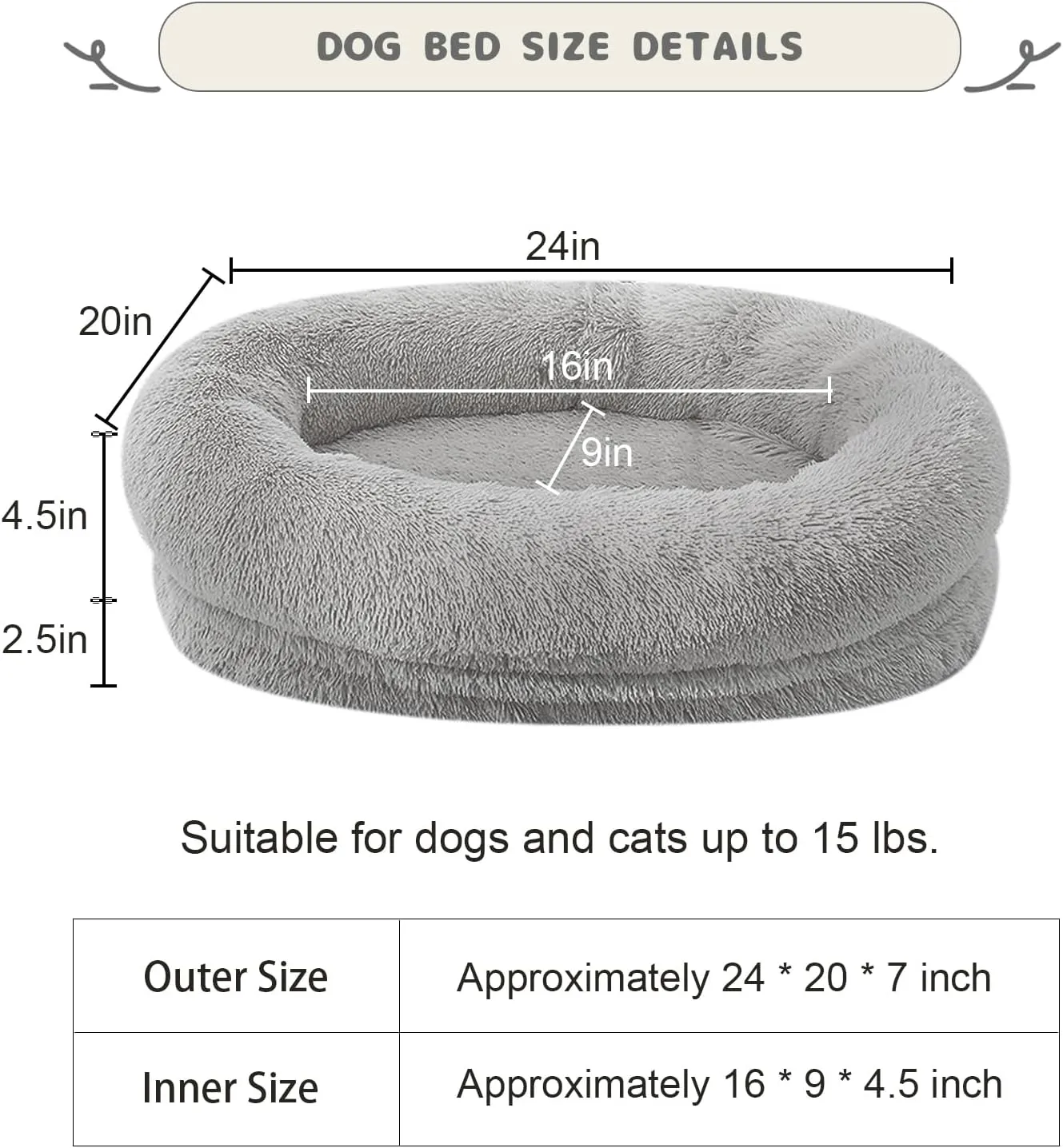Calming Dog & Cat Bed - Washable Cover, Anti-Anxiety Donut Cuddler, Warming Cozy Soft Round Bed (Light Grey, 24inch)
