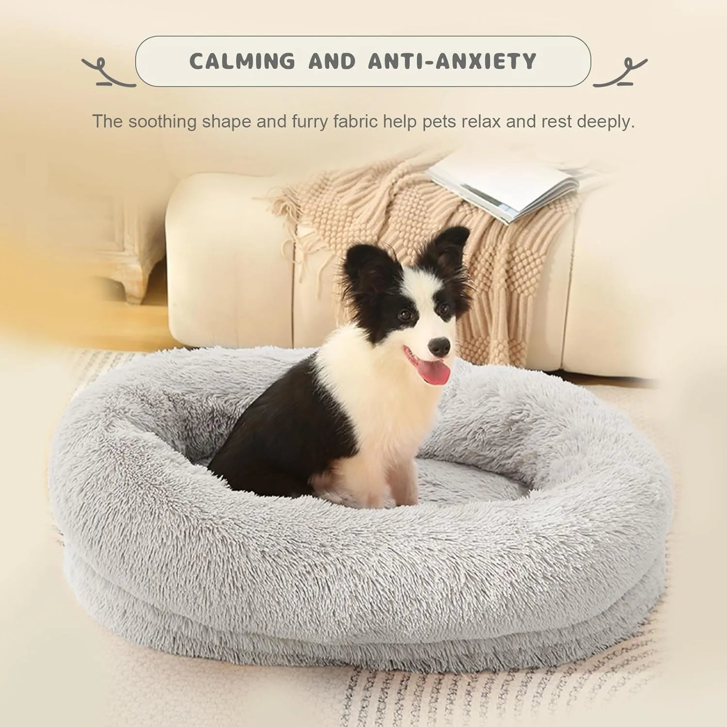 Calming Dog & Cat Bed - Washable Cover, Anti-Anxiety Donut Cuddler, Warming Cozy Soft Round Bed (Light Grey, 24inch)