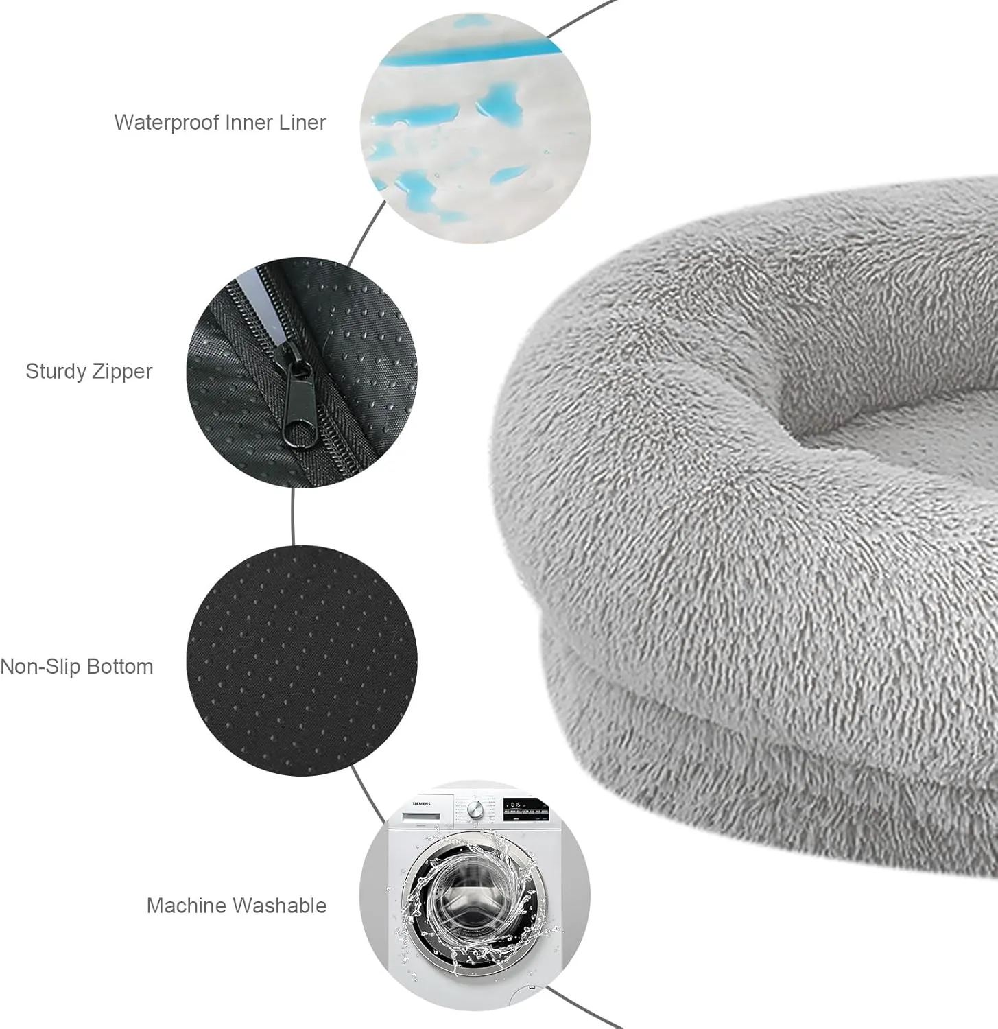 Calming Dog & Cat Bed - Washable Cover, Anti-Anxiety Donut Cuddler, Warming Cozy Soft Round Bed (Light Grey, 24inch)