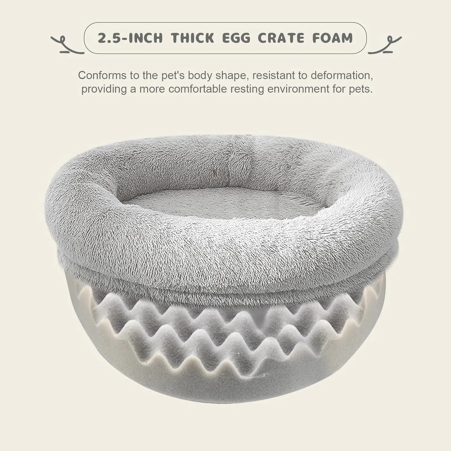 Calming Dog & Cat Bed - Washable Cover, Anti-Anxiety Donut Cuddler, Warming Cozy Soft Round Bed (Light Grey, 24inch)